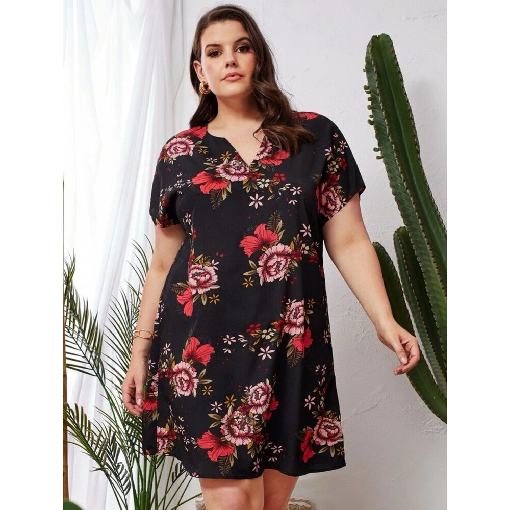 Black Tropical Floral Batwing Dolman Short Sleeves  Shift Dress Size 3X
